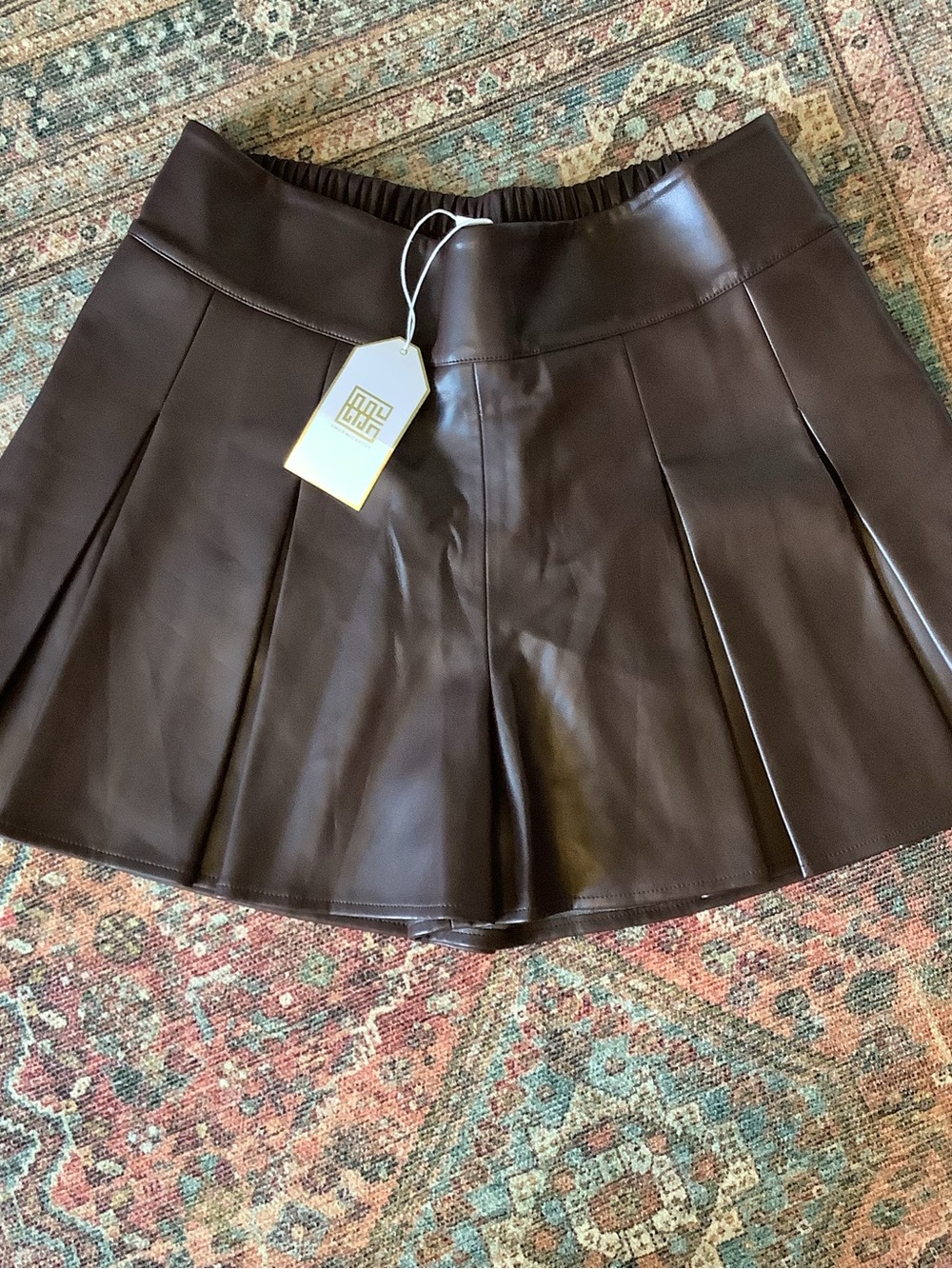 Emily McCarthy Pleated Faux Leather Mini Skort  - Dark Brown